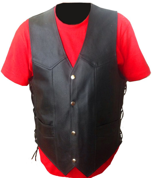 Men’s Black Genuine Leather Motorcycle Vest – Side Lace-Up Biker Waistcoat