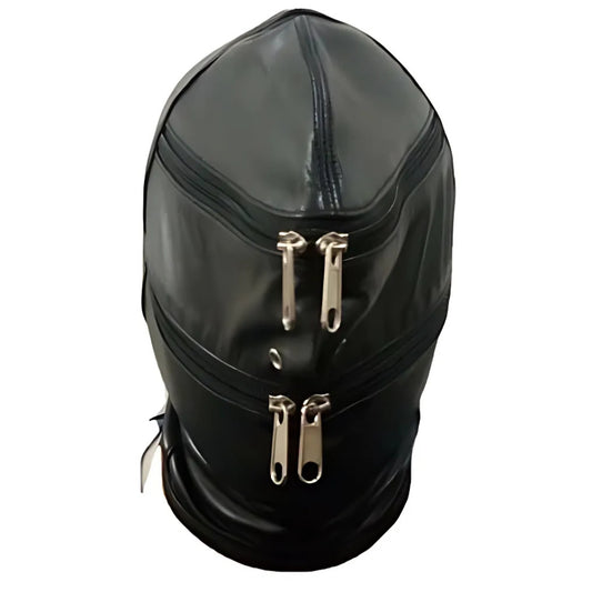 Leather Hood Fetish Mask with Zipper – BDSM Role Play Headgear for Sensory Control & Restraint