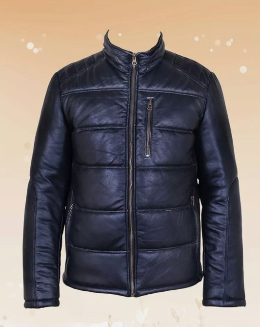 New Men’s Black Genuine Leather Puffer Quilted Bomber Jacket with Funnel Neck