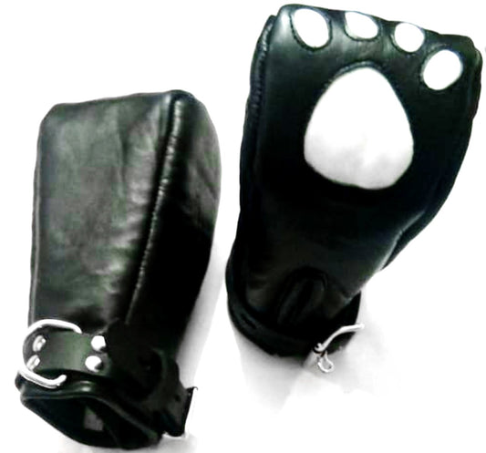 Genuine Leather White Paw Restraint Mittens – Padded Bondage BDSM Fist Gloves