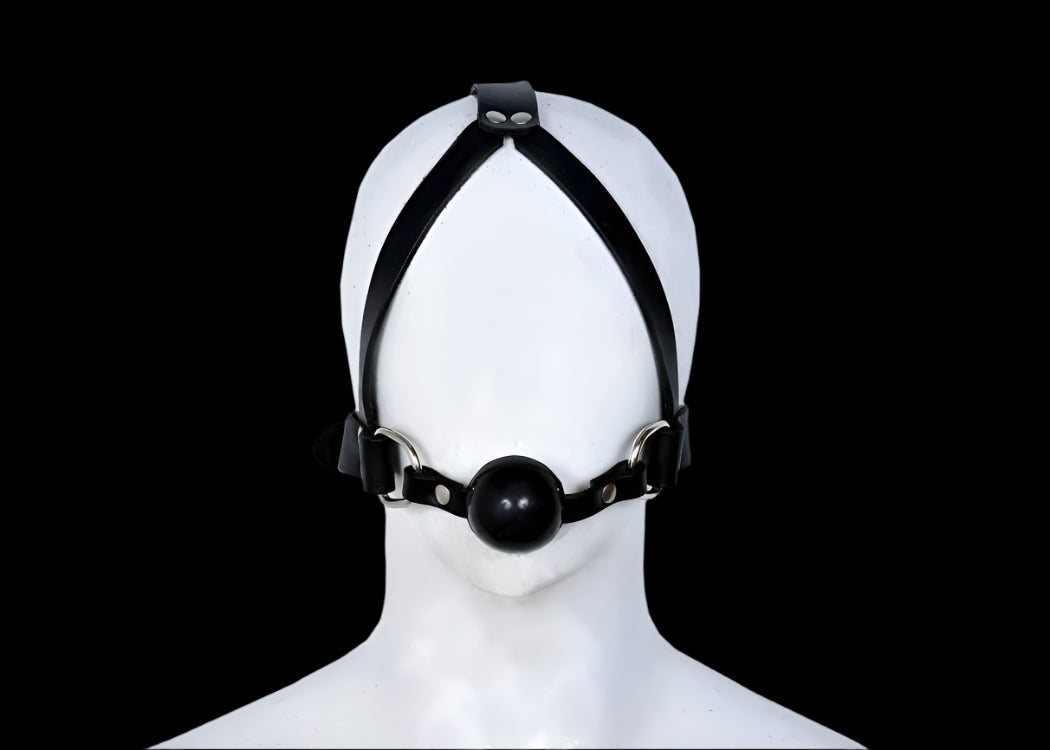 Black Leather Head Harness with Ball Gag – Adjustable Fetish BDSM Bondage Restraint