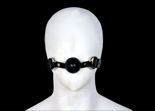 Black Leather Ball Gag with Rubber Ball – Adjustable BDSM Fetish Mouth Gag Restraint