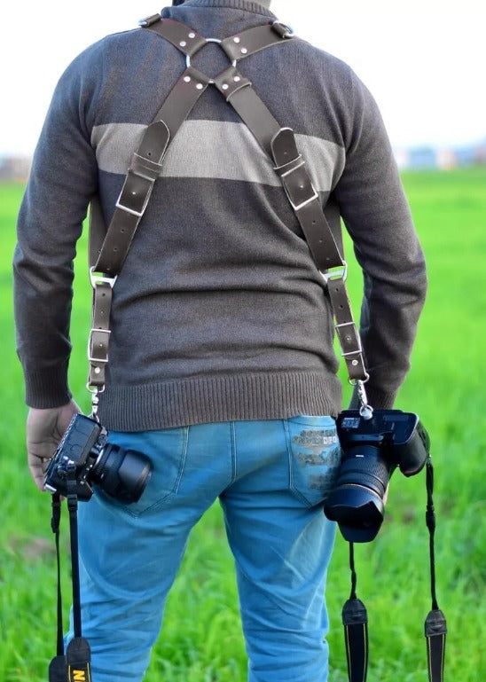 Tan Buffalo Leather Dual Camera Harness Strap – Multi-Camera Shoulder Harness with Metal Rings for DSLR, Mirrorless & Event Photography