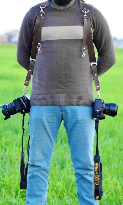 Tan Buffalo Leather Dual Camera Harness Strap – Multi-Camera Shoulder Harness with Metal Rings for DSLR, Mirrorless & Event Photography
