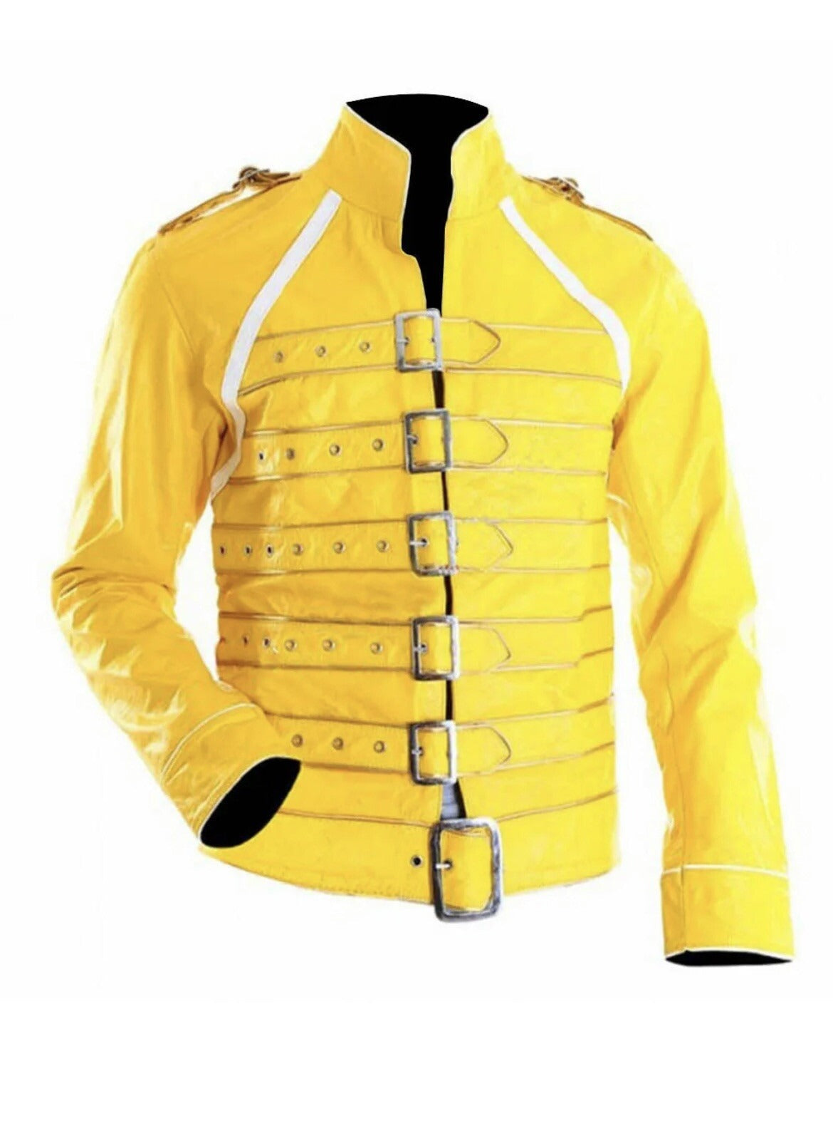 Freddie Mercury Yellow Leather Jacket – Genuine Cowhide Rock Punk Bohemian Strap Style Coat