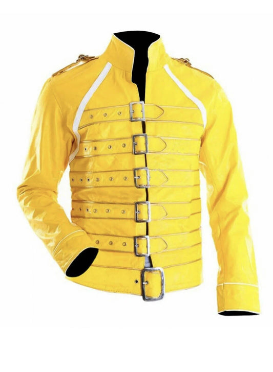 Freddie Mercury Yellow Leather Jacket – Genuine Cowhide Rock Punk Bohemian Strap Style Coat