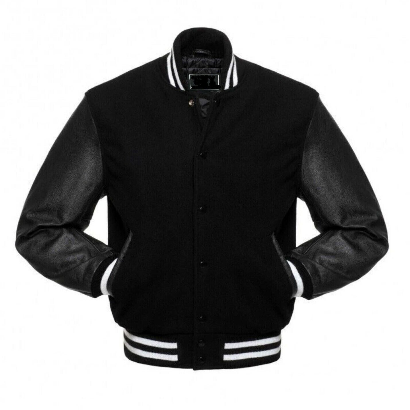 Men’s Black Wool & Leather Varsity Jacket – Classic Bomber Letterman Baseball Coat with Real Leather Sleeves