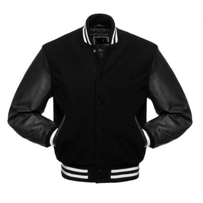 Men’s Black Wool & Leather Varsity Jacket – Classic Bomber Letterman Baseball Coat with Real Leather Sleeves