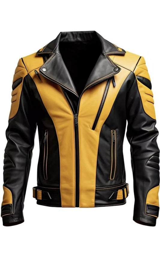 Men’s Yellow & Black Leather Biker Jacket – Genuine Leather Zip-Up Slim Fit Motorcycle Coat