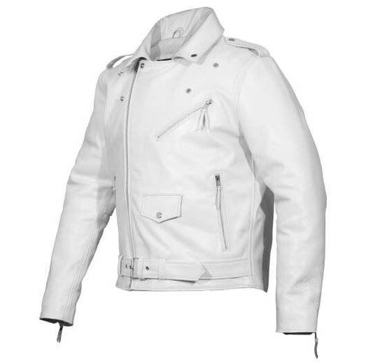 Men’s White Brando Biker Jacket – Classic Motorcycle Style in Genuine Cowhide Leather