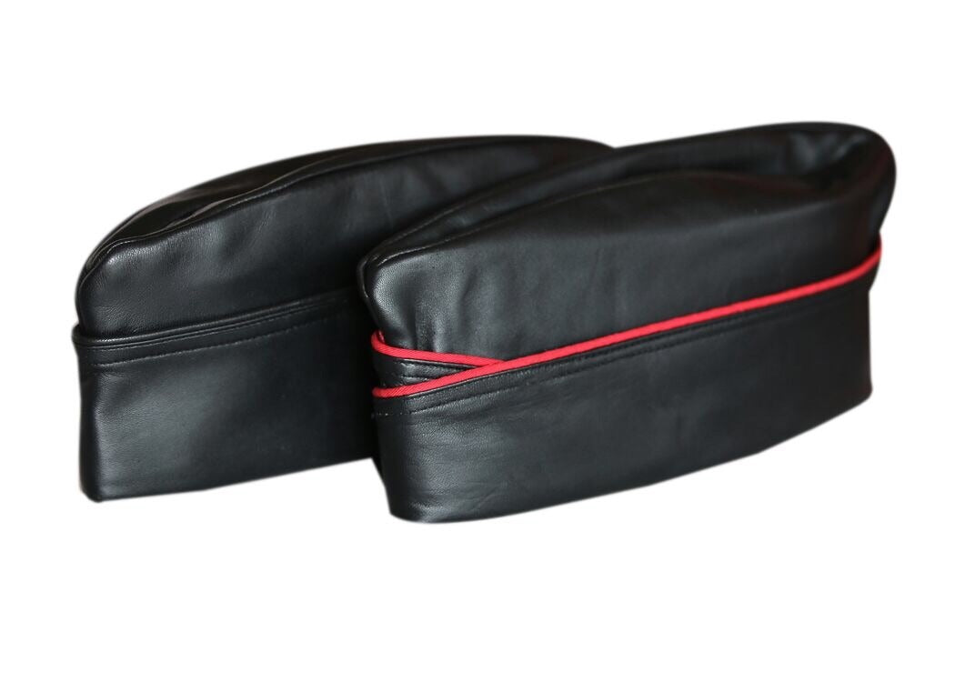 Genuine Leather Army Side Envelope Cap – Black Military Bluf Hat with Red Trim for Adults