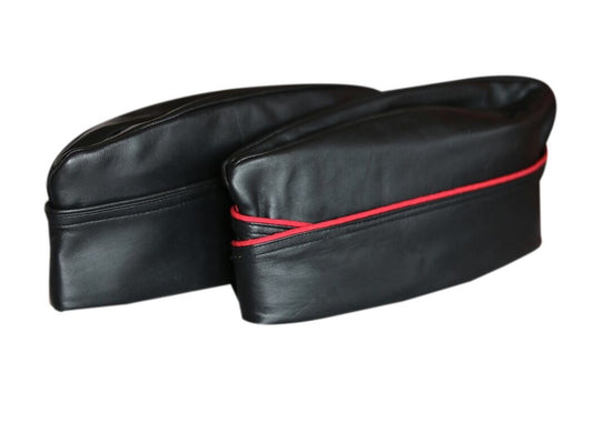 Genuine Leather Army Side Envelope Cap – Black Military Bluf Hat with Red Trim for Adults