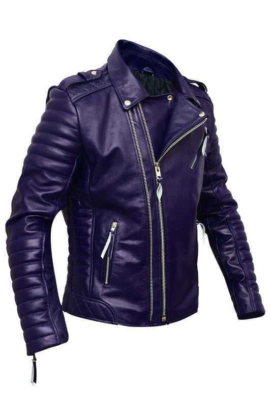 Men’s Genuine Cow Leather Brando Jacket – Purple Biker Rock Punk Style Motorcycle Coat