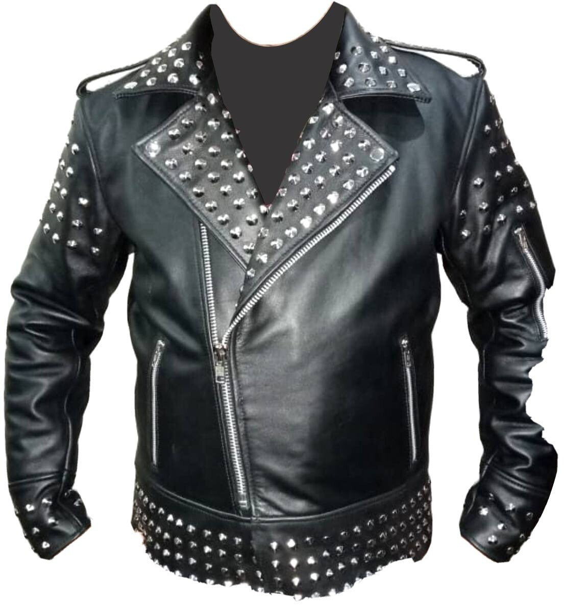 Men’s Genuine Cow Leather Studded Biker Jacket – Black Punk Rock Motorcycle Style