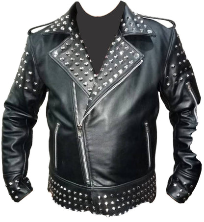 Men’s Genuine Cow Leather Studded Biker Jacket – Black Punk Rock Motorcycle Style