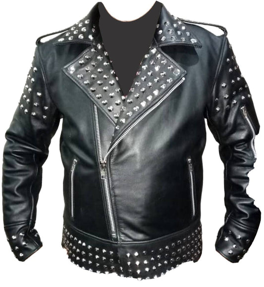 Men’s Genuine Cow Leather Studded Biker Jacket – Black Punk Rock Motorcycle Style