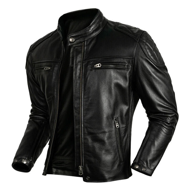 Men’s Genuine Cowhide Leather Motorcycle Jacket – Vintage Black Café Racer Biker Style