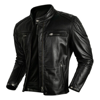 Men’s Genuine Cowhide Leather Motorcycle Jacket – Vintage Black Café Racer Biker Style
