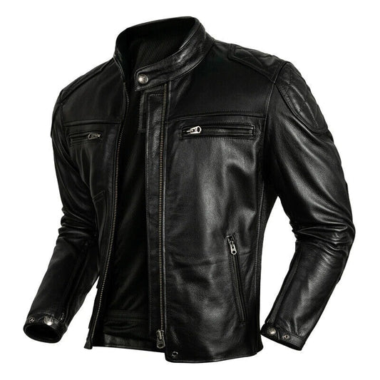 Men’s Genuine Cowhide Leather Motorcycle Jacket – Vintage Black Café Racer Biker Style