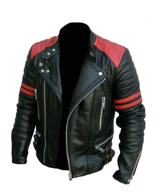 Men’s Brando Classic Biker Jacket – Red & Black Genuine Leather Motorcycle Coat