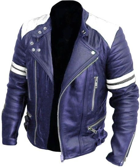 Men’s Brando Style Classic Motorcycle Jacket – Retro Purple Genuine Leather Biker Coat