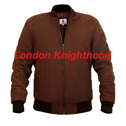 Men’s Retro Brown Suede Leather Bomber Jacket – Genuine Goat Leather Baseball Varsity Style