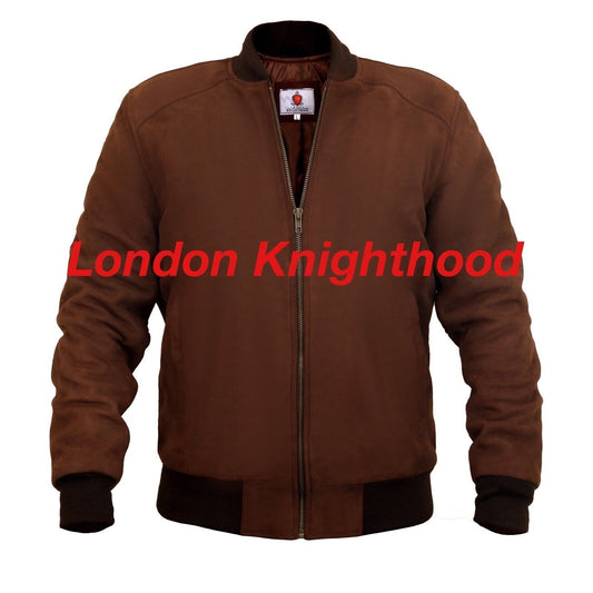 Men’s Retro Brown Suede Leather Bomber Jacket – Genuine Goat Leather Baseball Varsity Style