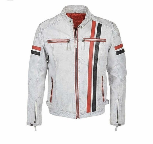 Men’s White Slim Fit Café Racer Jacket – Vintage Biker Style in Genuine Lambskin Leather