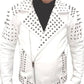 Men’s White Studded Brando Biker Jacket – Genuine Cow Leather Classic Motorcycle Style in White