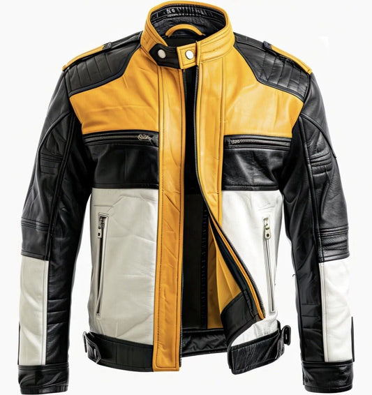 Men’s Yellow Retro Biker Leather Jacket – Slim Fit Motorcycle Trucker Style in Genuine Leather