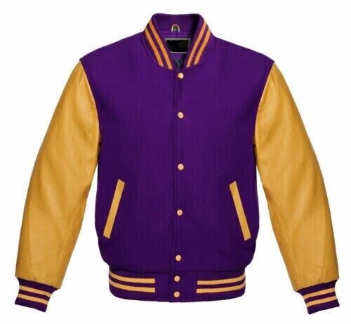 Purple Wool & Gold Leather Varsity Jacket – Men’s Real Leather Sleeve Letterman Bomber Baseball Coat