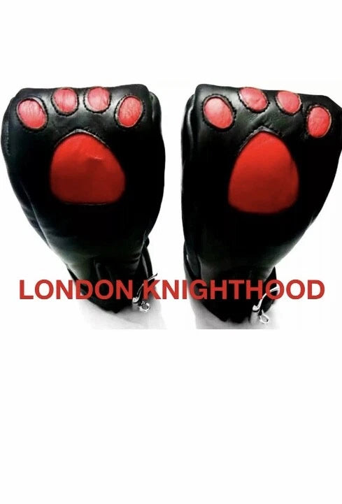 Genuine Leather White and Red Paw Restraint Mittens – Padded Bondage BDSM Fist Gloves
