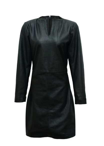 NEW BLACK REAL GENUINE REAL LEATHER LADIES WOMAN PARTY CASUAL LONG SLEEVE DRESS