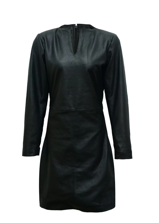 NEW BLACK REAL GENUINE REAL LEATHER LADIES WOMAN PARTY CASUAL LONG SLEEVE DRESS