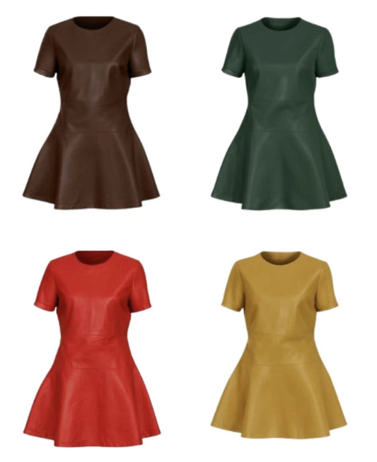 REAL GENUINE LEATHER LADIES WOMAN PARTY SKATER DRESS BROWN GREEN RED YELLOW