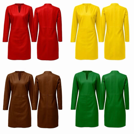 GENUINE REAL LEATHER LADIES WOMAN LONG SLEEVE PARTY RED YELLOW BROWN GREEN DRESS
