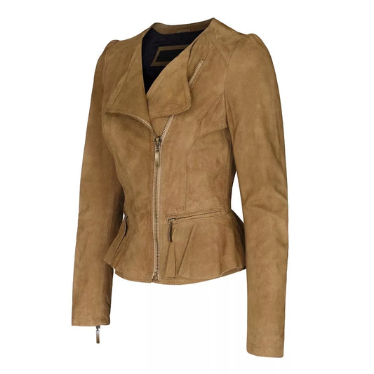 Women’s Brown Suede Leather Biker Jacket – Genuine Real Leather Peplum Frill Short Coat