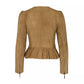 Women’s Brown Suede Leather Biker Jacket – Genuine Real Leather Peplum Frill Short Coat