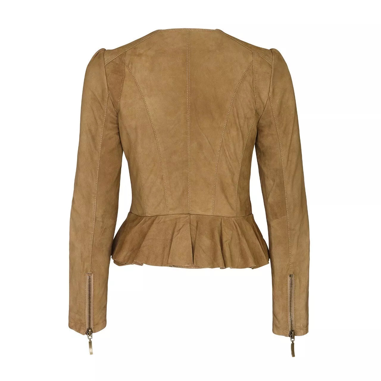 Women’s Brown Suede Leather Biker Jacket – Genuine Real Leather Peplum Frill Short Coat