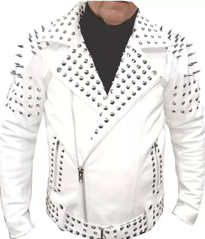 Men’s White Studded Brando Biker Jacket – Genuine Cow Leather Classic Motorcycle Style in White