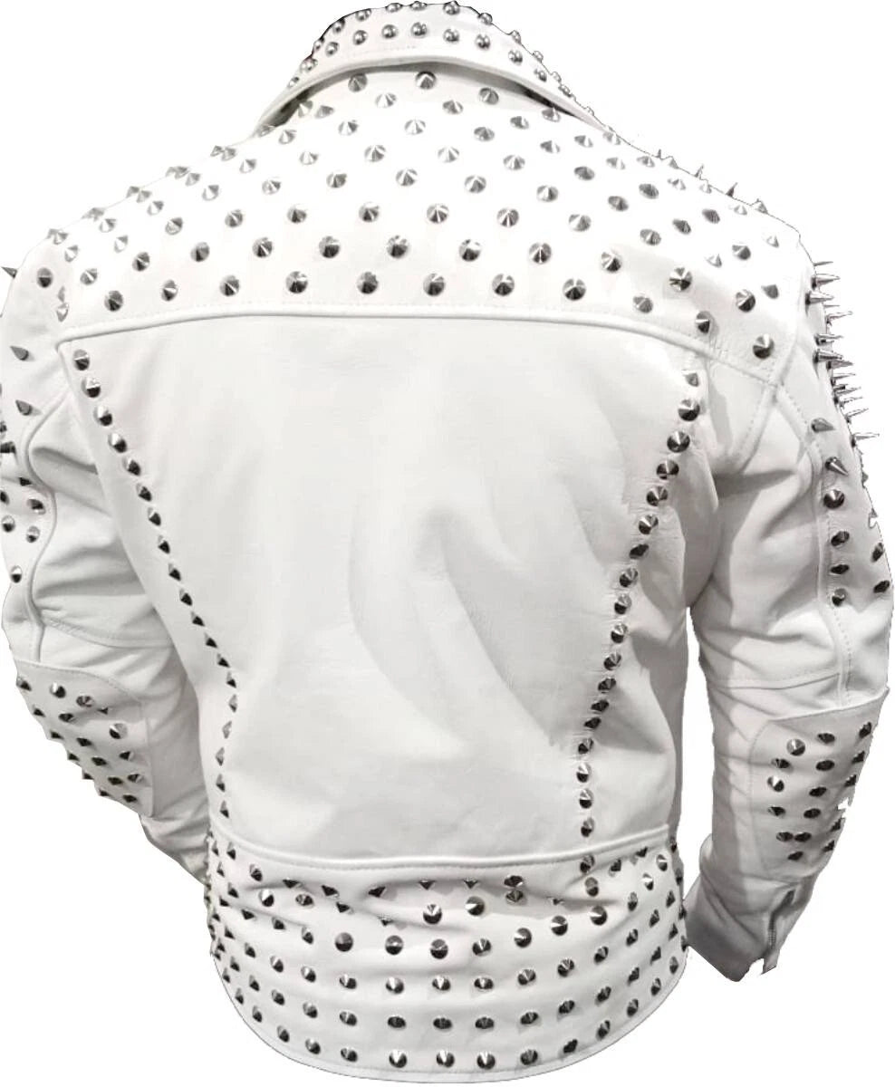 Men’s White Studded Brando Biker Jacket – Genuine Cow Leather Classic Motorcycle Style in White